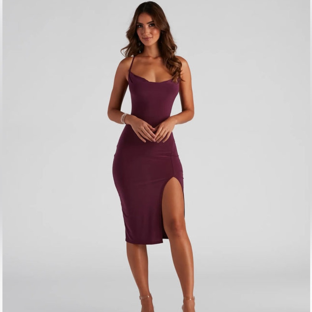 Cowl neck slit midi dress